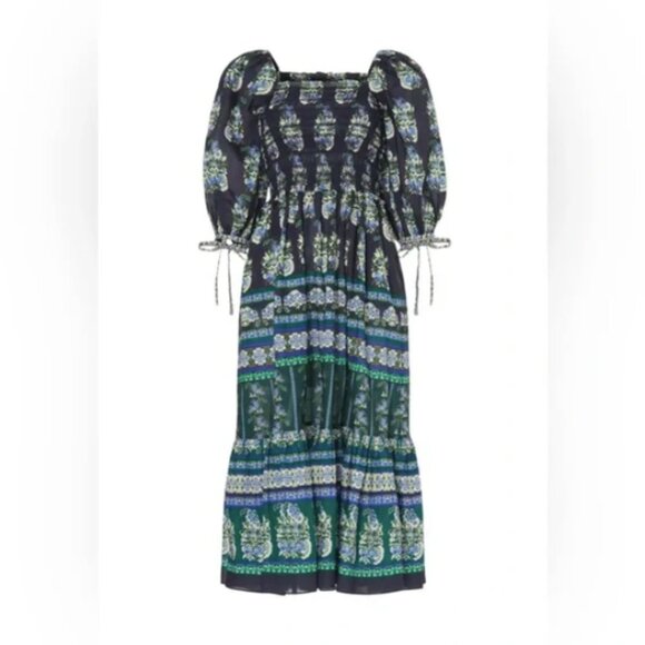 Cara Cara Jazzy Dress XS Paisley Emerald Blue Floral Puff Sleeve Midi - Picture 4 of 9